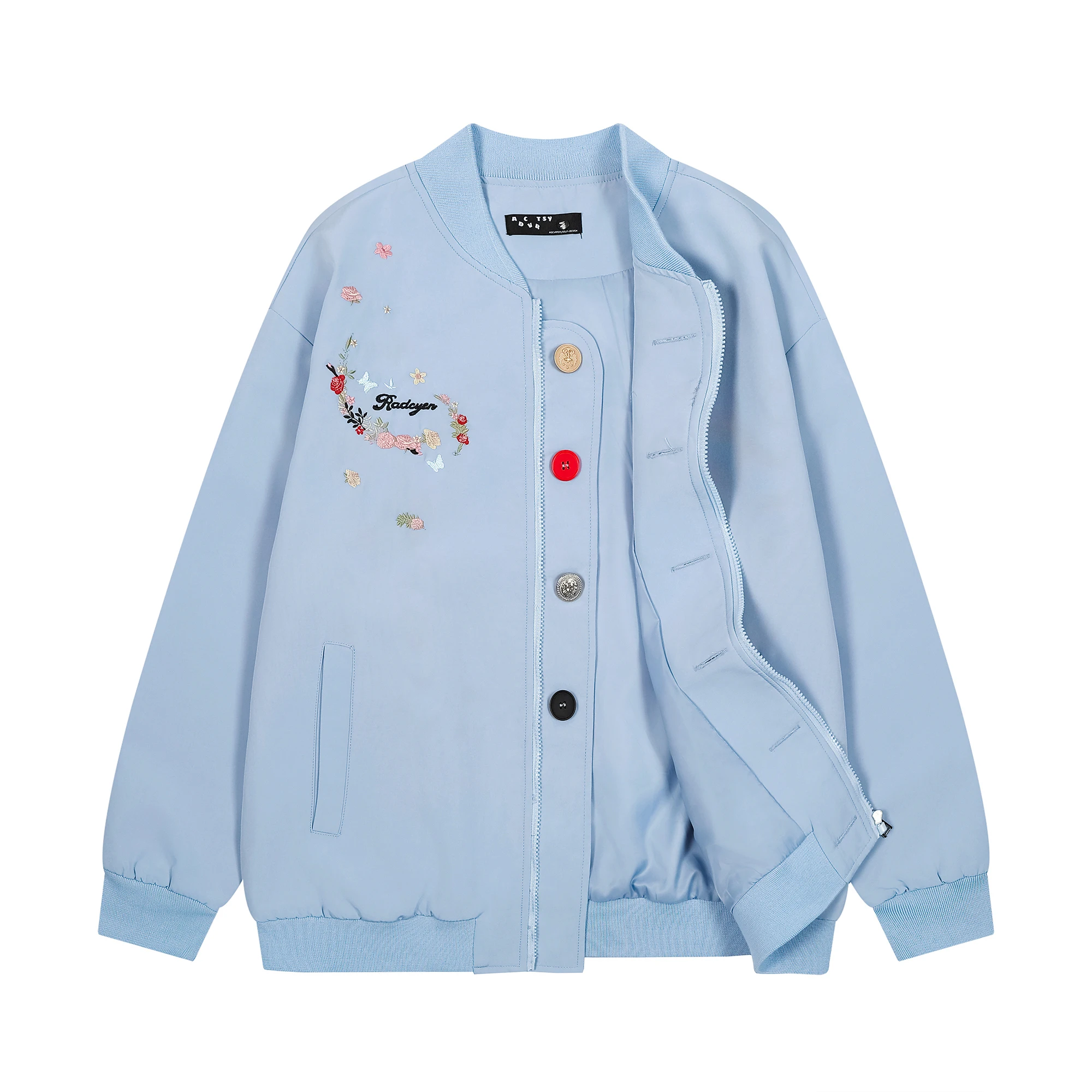 Stand Up Collar Colorful Buttons Embroidered Flower Letter Pattern Baseball Jacket Men Women High Quality Varsity Pilot Jacket