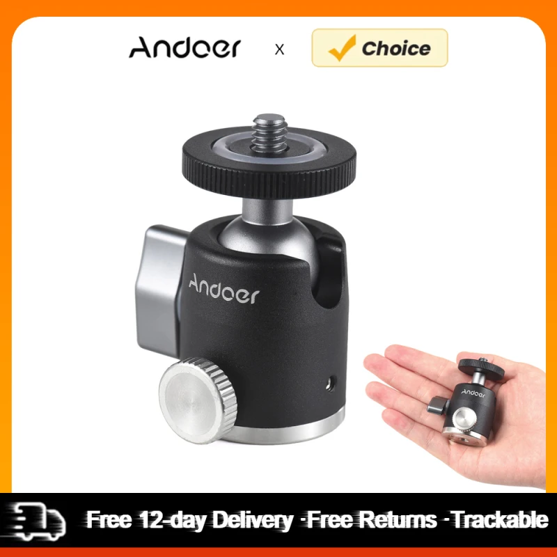 Andoer Mini Ball Head Tripod Ballhead Mount Adapter Aluminum Alloy 1/4 Inch Screw Connector with Bottom 1/4 Inch Thread 3kg Load