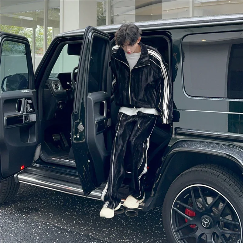 

Spring Autumn Two-Piece Men's Matching Color Striped Casual Sports Suit Handsome Youth Trend Long-Sleeved Zipper Lapel Clothes