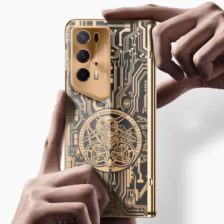 Electroplated Transparent Folding Hinge Case with Tempered Film Cover and Mechanical Pattern Design