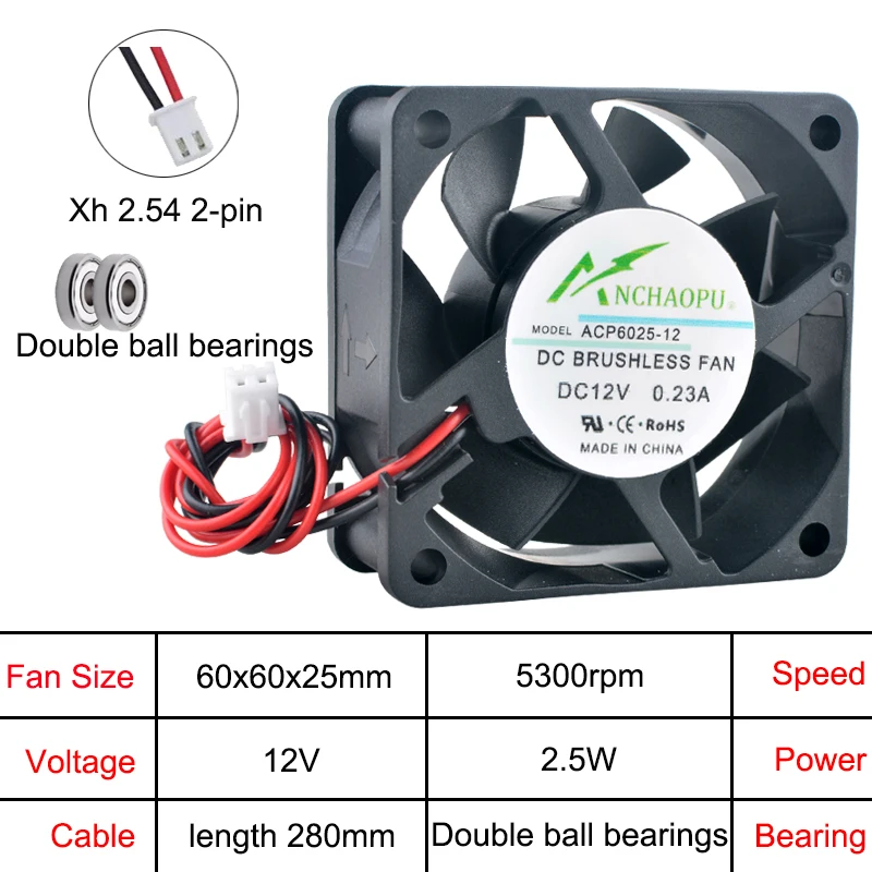 충전기, 전원 공급 장치, 주파수 변환기용 고속 60x60x25mm 축 냉각 팬 DC 5V/12V/24V 2핀 ACP6025