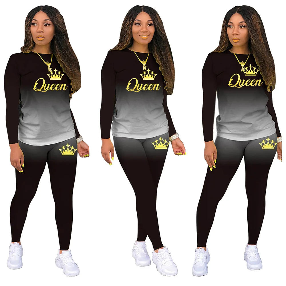 Gradient Fashion Women 2 Piece Set Queen Print Long Sleeve Suits Clothes Outwear Lightweight Streetwear