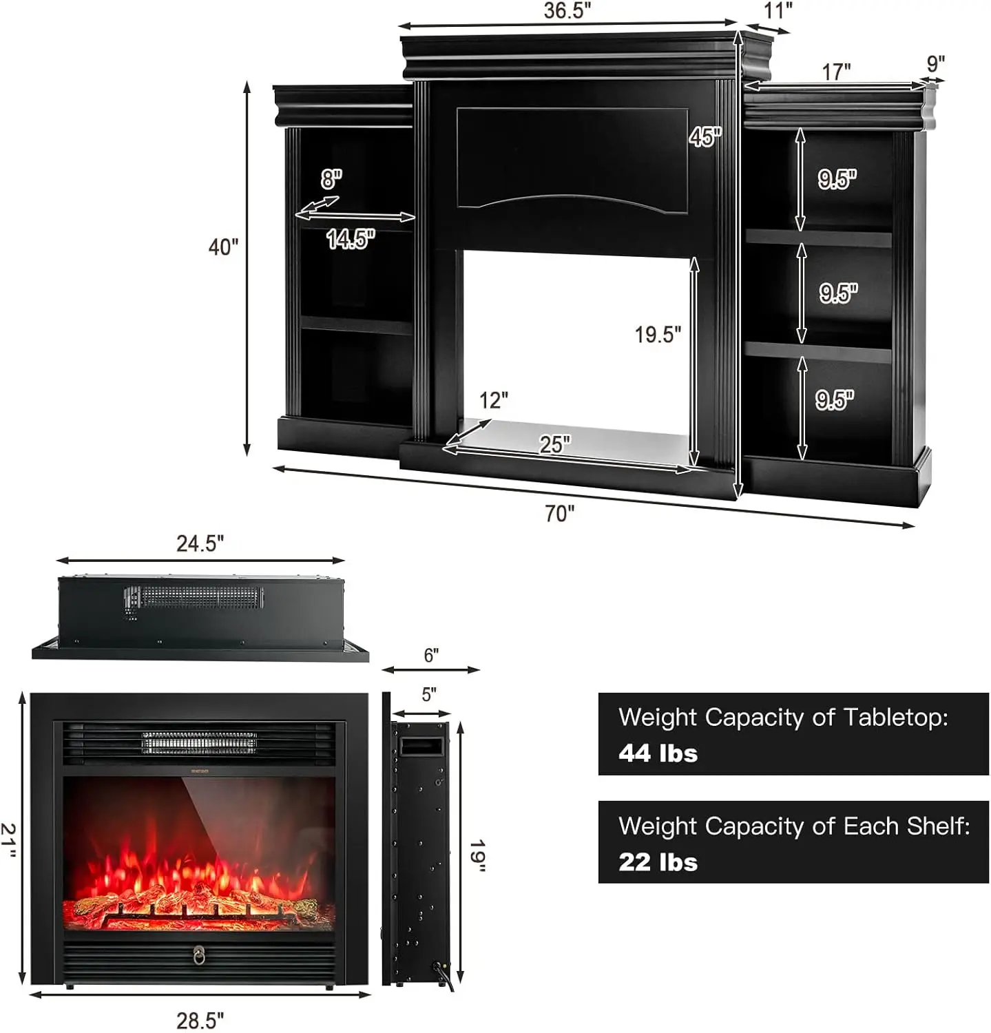 70" Mantel Fireplace TV Stand 750W/1500W Electric Fireplace Heater Insert Cabinet w/Remote Control 1-8H Timer 5-Brightness