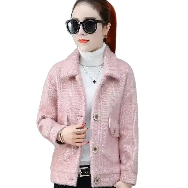 

Lattice Woolen Women's Coat 2023 New Korean Version Wild Fashion Female Outerwear Spring Autumn Short Loose Student Jacket