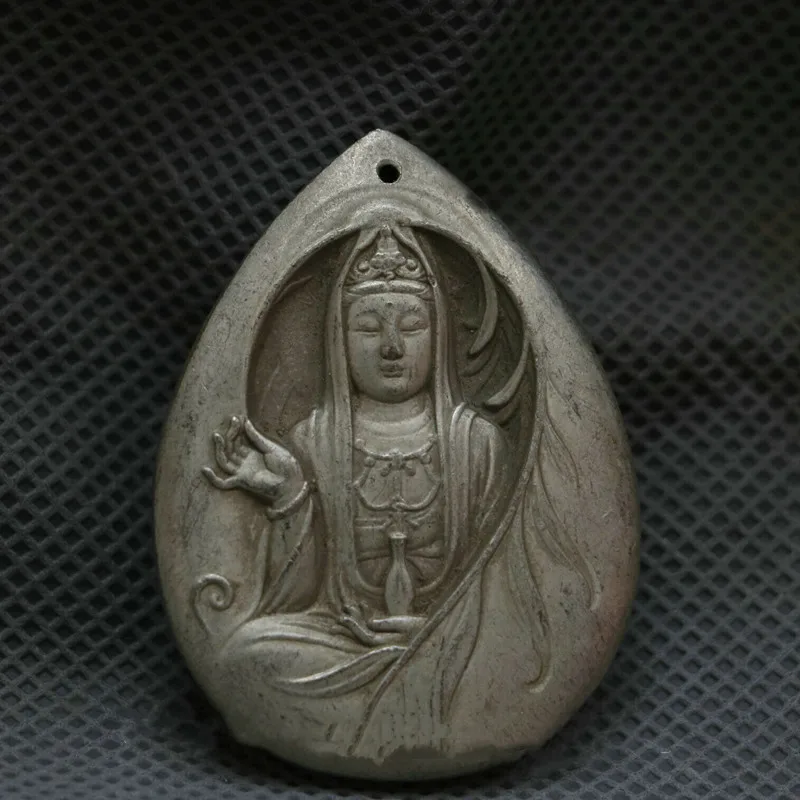45Mm Cina Miao Argento Guan Yin Kwan-Yin Dea Guanyin Ciondolo Amuleto Buddha