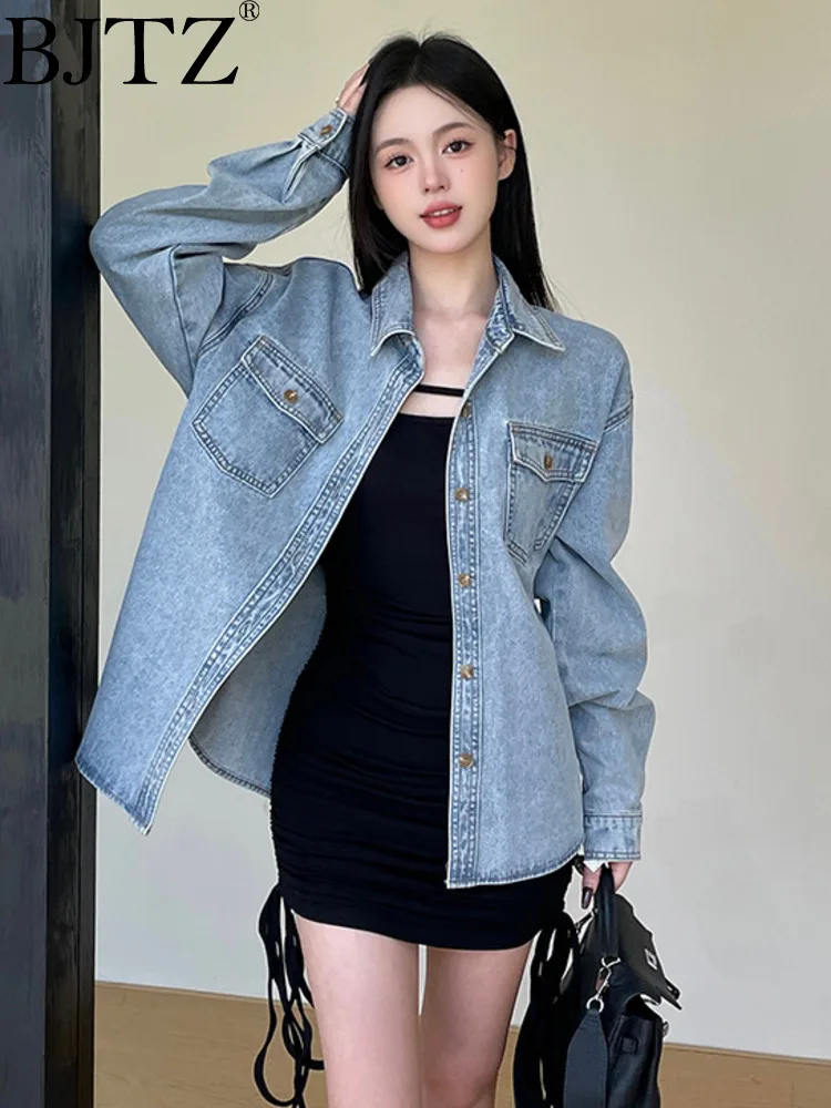 

BJTZ Retro Medium Length Denim Shirt Jacket For Women 2024 Spring Autumn New Loose Niche Tops Female Clothing HL500