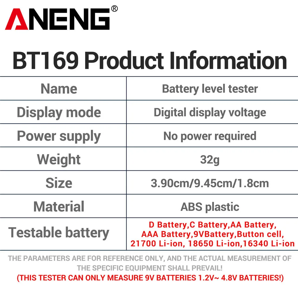Battery Tester ANENG BT169 Digital Display Screen Multiple Measurements No Power Required Portable ABS Plastic