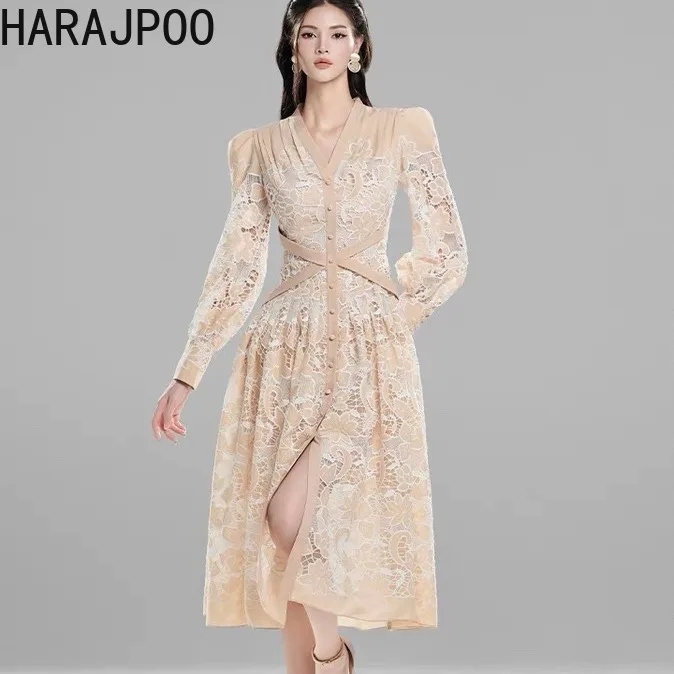 

Модное женское Элегантное Длинное Платье Harajpoo 2024 Ранняя весна Ограниченная серия ленивых кружевных цветов с длинными рукавами Vestidos