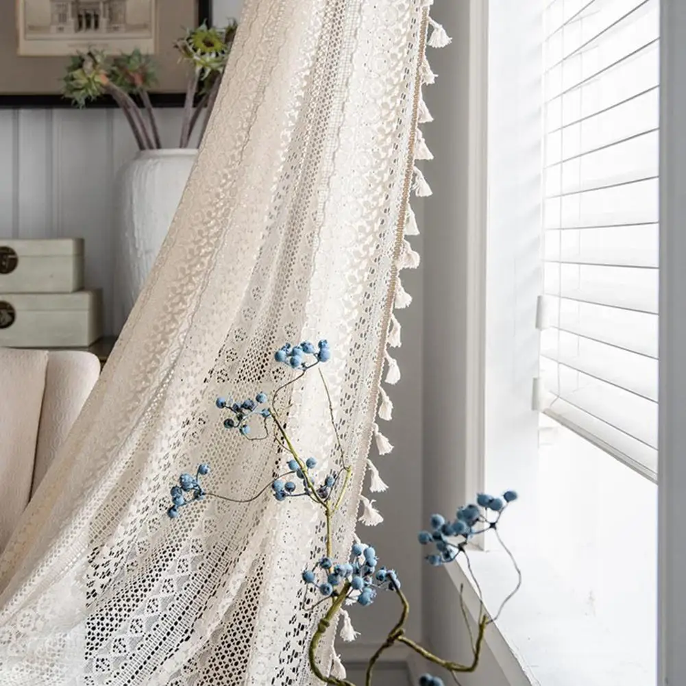 Window Drape  Exquisite   Sheer Curtain Boho Tassels Crochet Knitting Window Drape 5
