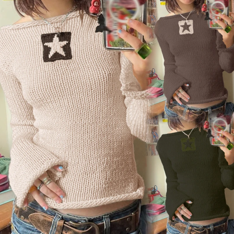 

Autumn Y2k Star Sweaters Women Casual Hollow Knitted Pullover Top Oversized Grunge Cute Long Sleeve Girl Tees Fairycore Outfits
