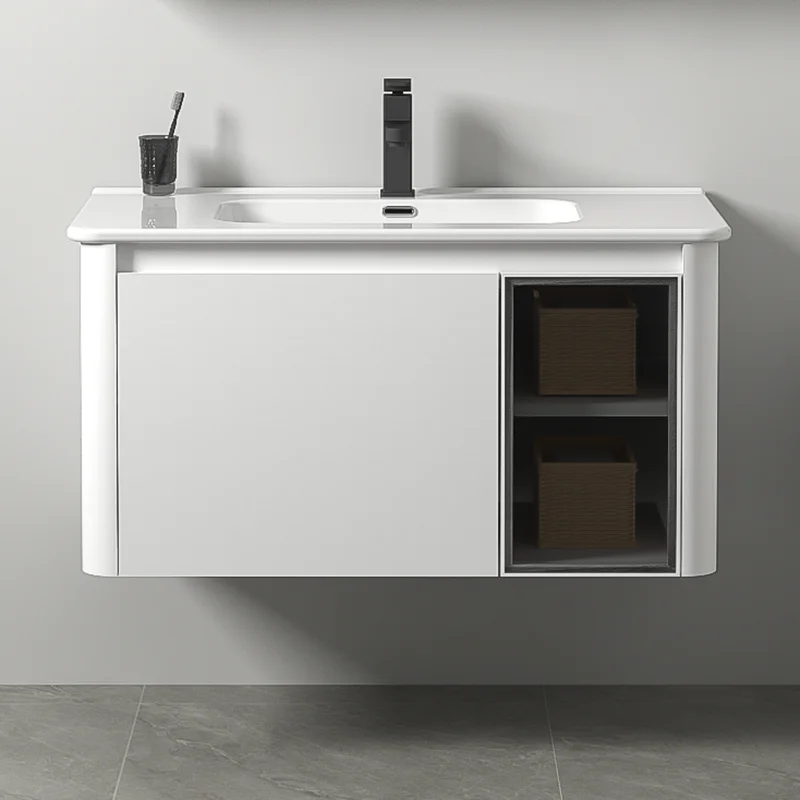 Cheap Price Plywood Bathroom Vanity Cabinet With Ceramic Basin Bathroom Vanity With Body Sensor LED Mirror Cabinet