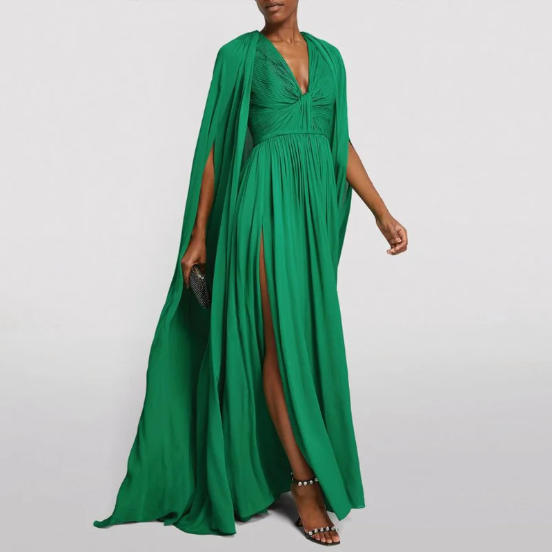 

Fashion Green Women Evening Party Dresses 2024 Cap Sleeves V-Neck Silt Chiffon Formal Prom Gowns Arabic Dubai Vestidos Feast