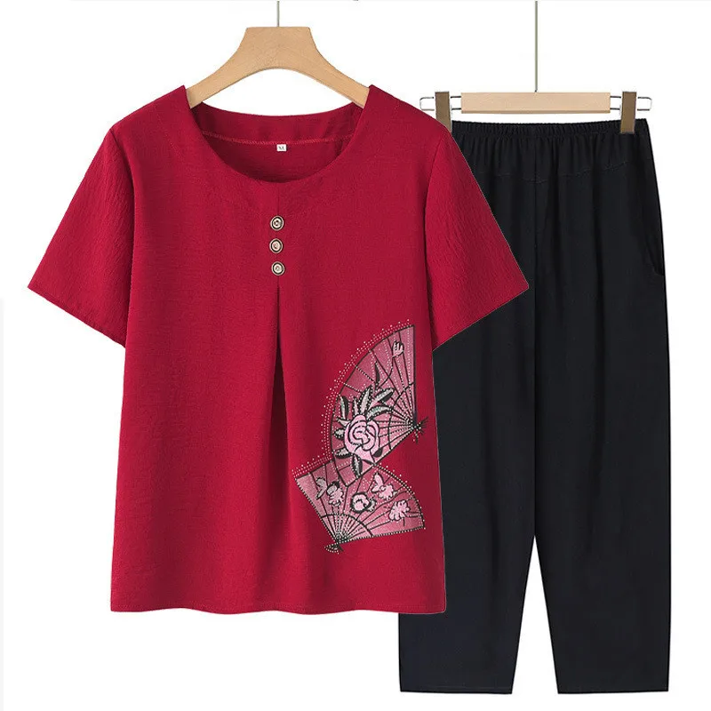 5XL Women's Pajamas Set Summer Middle Aged Mother Short Sleeve Sleepwear Round Collar Korean Pajamas Outside Wear Pijama Mujer