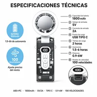 Ventilateur portable rechargeable avec refroidissement par semi-conducteur, 100 vitesses réglables, batterie de 1800 mAh et écran numérique LED, mini ventilateur pliable USB Type-C à main. 3