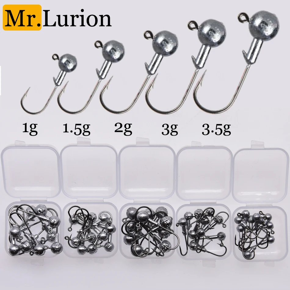 MrLurion 1Box 1g 2g 3g 4g 6g 10g 14g 18g 25g deepwater jig head fishing hook soft worm lure hook with round head for trout bass