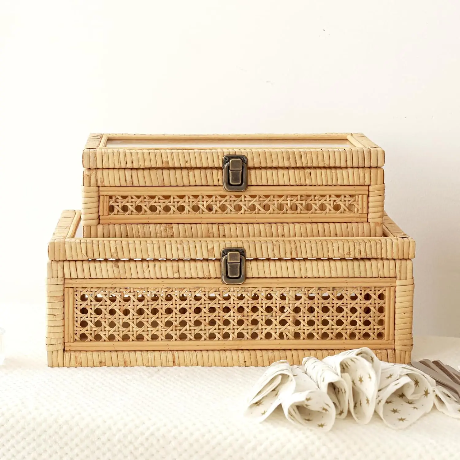 Rattan and Cane Stacking Boxes with Glass Top Lid - Set of 2 for Boho, and Rustic Farmhouse Decor 2