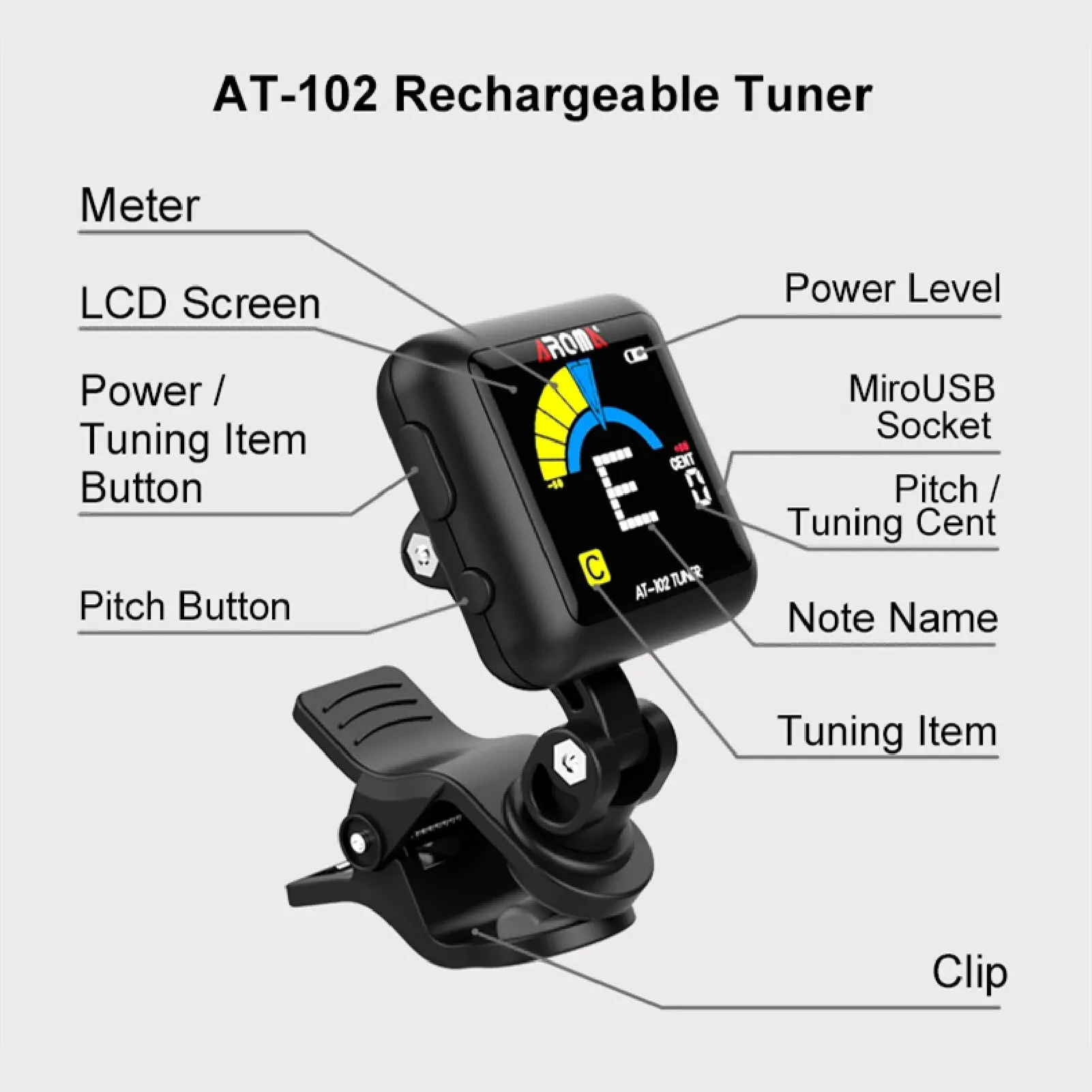 Guitar Tuner AROMA AT-102 Rechargeable Clip-on Color Screen with Built-in Battery USB Cable For Chromatic Guitar Bass Ukulele