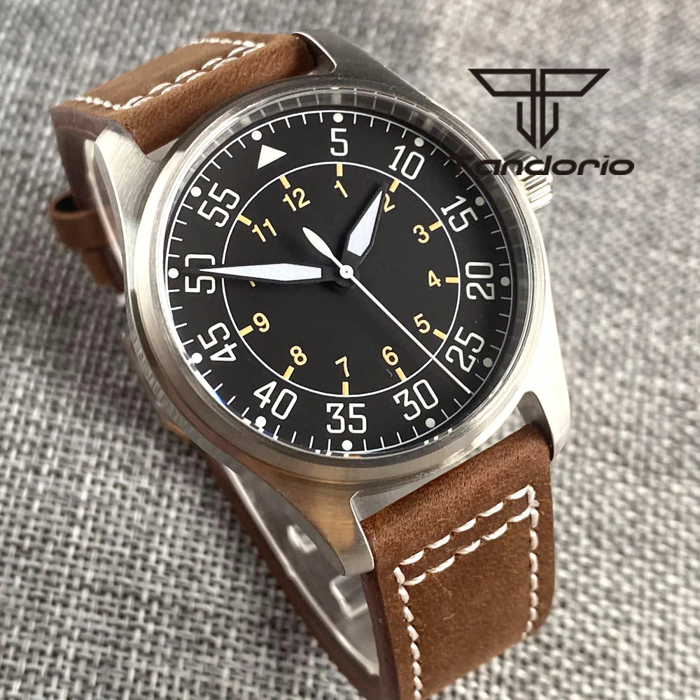 

Tandorio 39mm Brushed Automatic Pilot Men's Wristwatch PT5000 NH35A 200M Sapphire Glass Black Dial Leather Strap Green Luminous