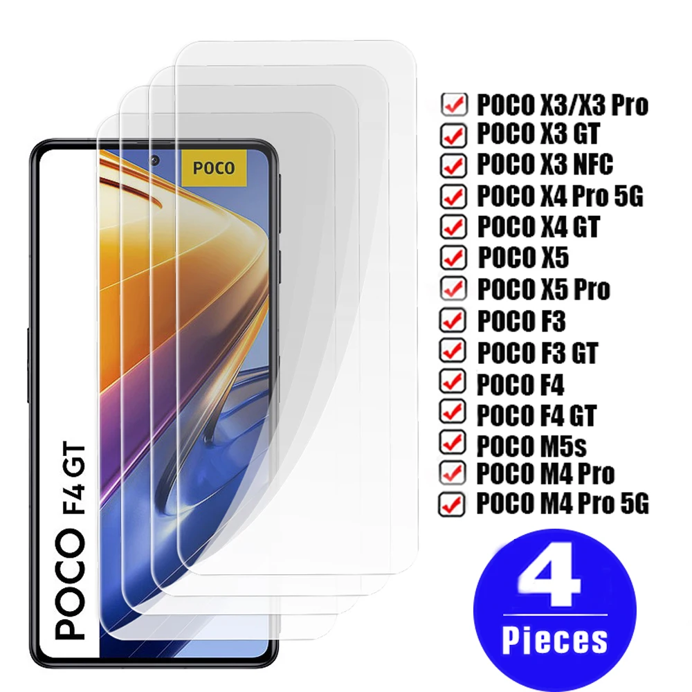 

4Pcs 9H Glass For xiaomi Poco F4 GT phone screen protector Poco F3 X3 X5 X4 pro 5G NFC M4 M5 M5s Tempered glass protective film