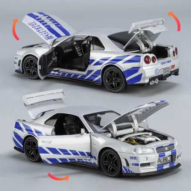 1:32 Nissan GTR R34 GT-R R35 Fast & Furious Alloy Car Model Sound and Light Pull Back Children's Toy Collectibles Birthday gift 2