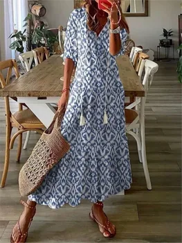 2024 Women Vintage Print Bohemian Dress Summer Fashion V Neck Half Sleeves Long Dresses Female Casual Holiday Beach Dresses 1