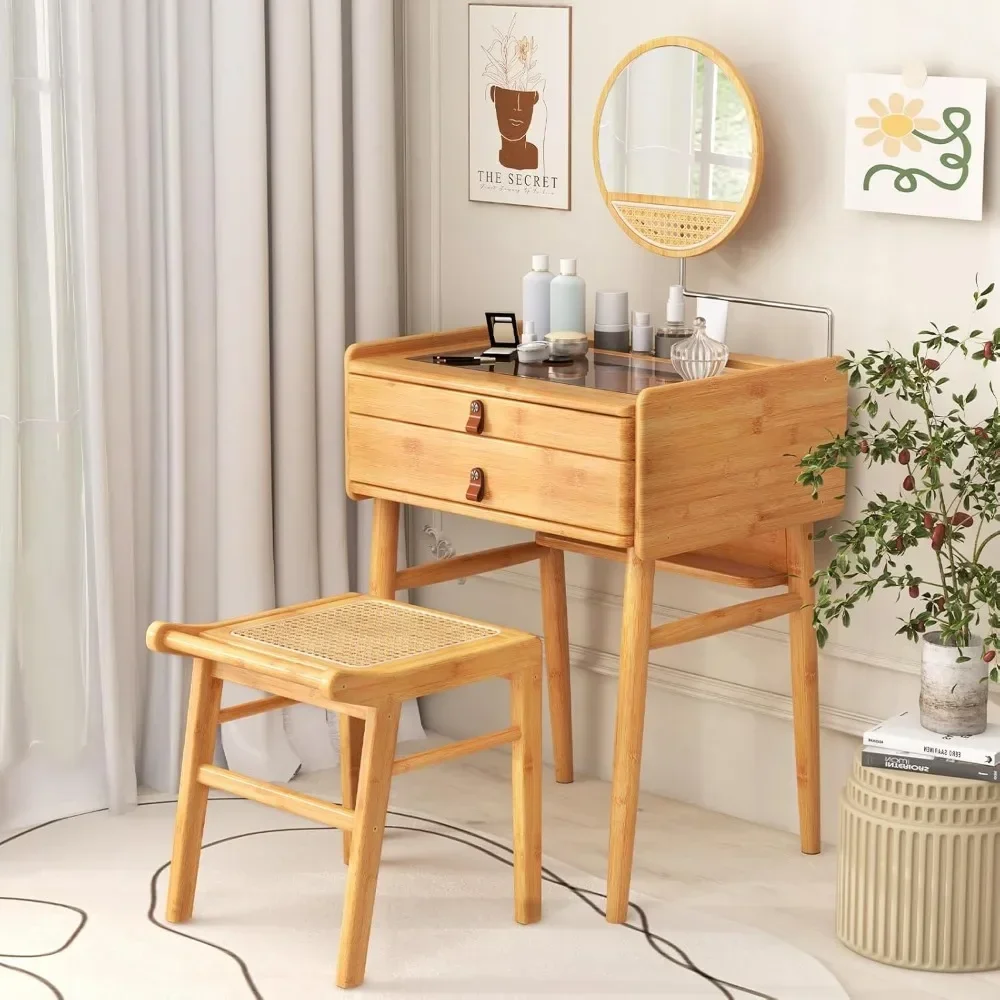 Bamboo Vanity Table Set with Adjustable Mirror Dressing Table and Stool Set with Tempered Glass Tabletop and Storage Drawers
