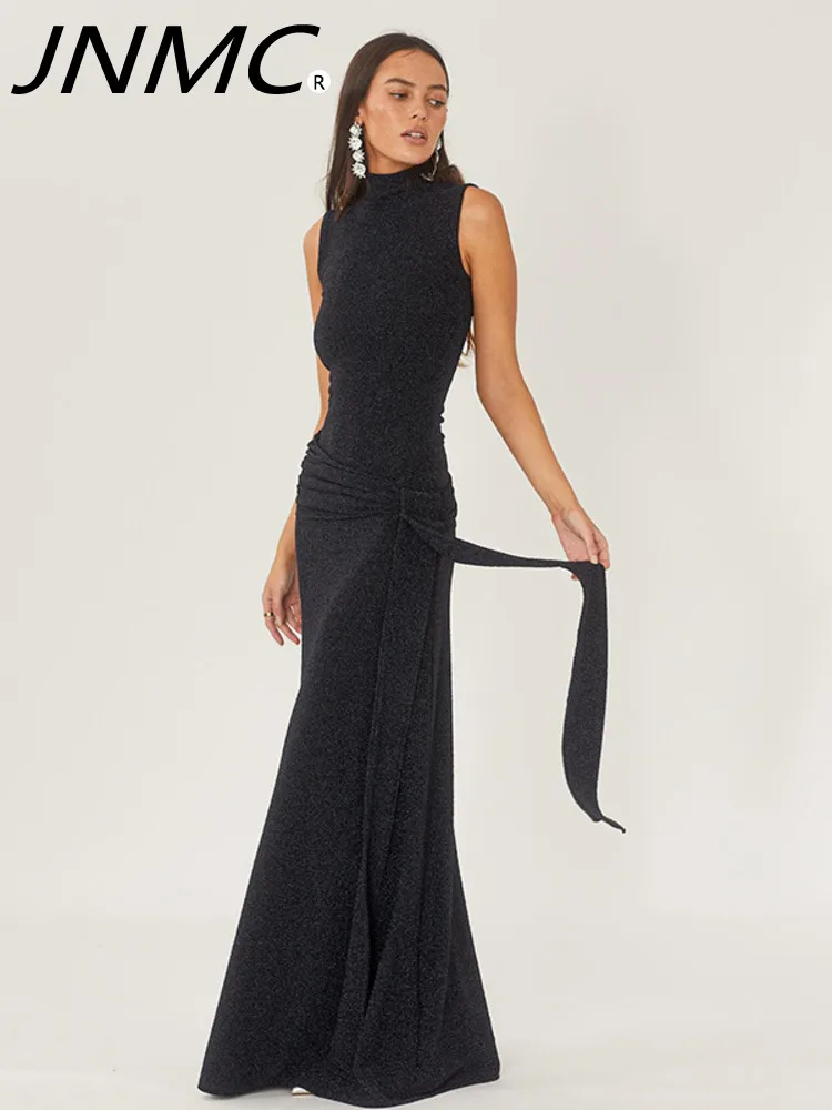 

JNMC Women's Tight Waist Drawstring And Dress Fishtail Skirt Slim High Neck Sleeveless Splicing Ribbon Bright Silk Dress 2024