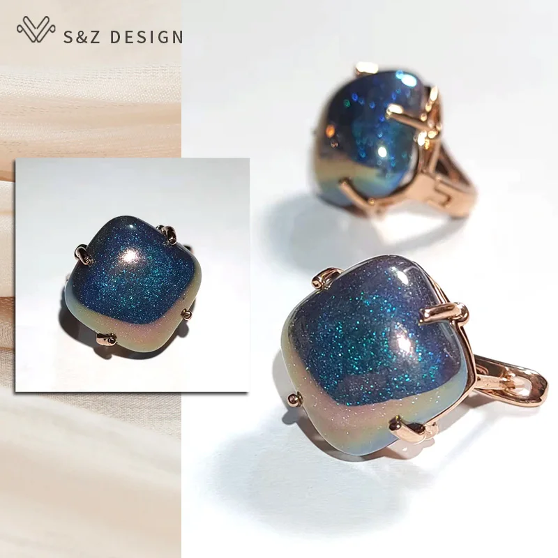 S&Z DESIGN New Fashion Elegant 585 Rose Gold Color Square Colorful Dangle Earrings For Women Girl Luxury Wedding Party Jewelry