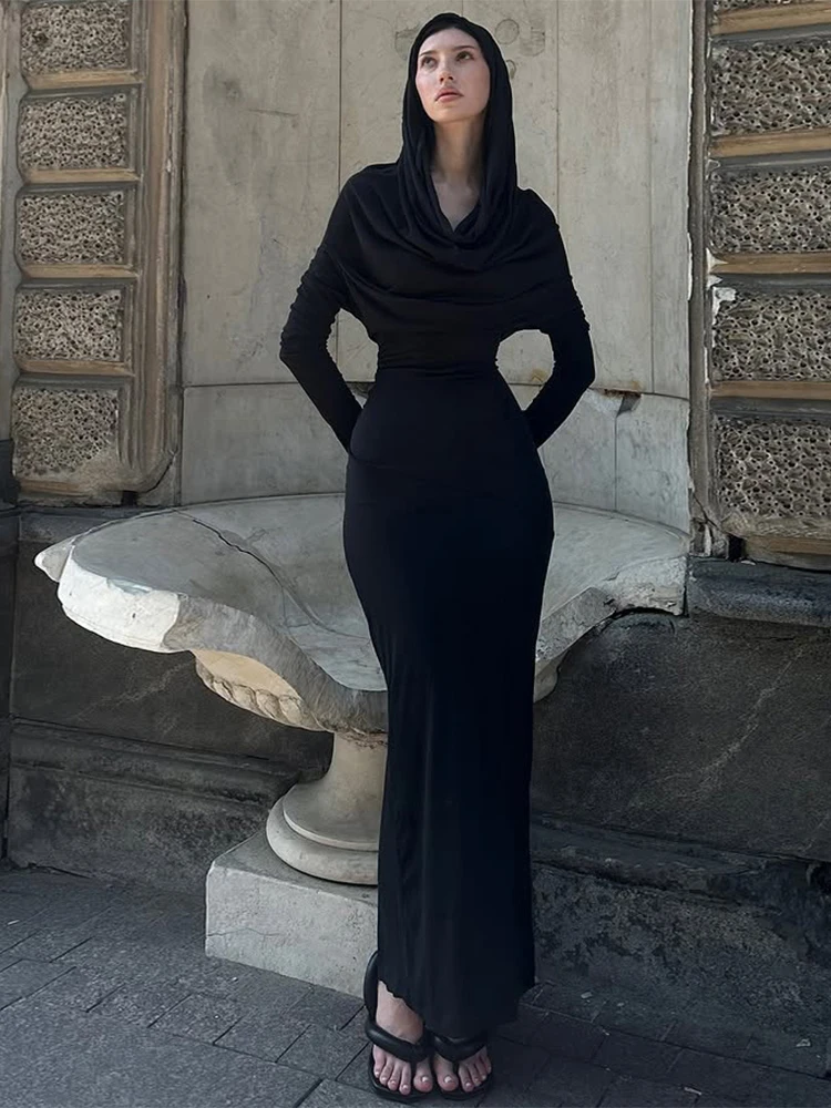 Nibber Ruched Maxi Dress Women Slash Neck Full Sleeve Skinny Stretch Solid Classic Simple High Street Elegant Banquet Vestidos