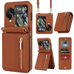 Elegant Leather Crossbody Wallet with Zipper and Card Slots - Vertical Purse with Long Lanyard for OPPO Find N2 Flip 5G (Brown)