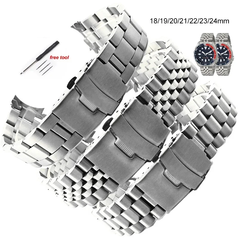 

18 19 20 21 22 23 24mm Solid Stainless Steel Watch Strap Jubilee Bracelet Metal Curved End Band Watch Accessories with Free Tool