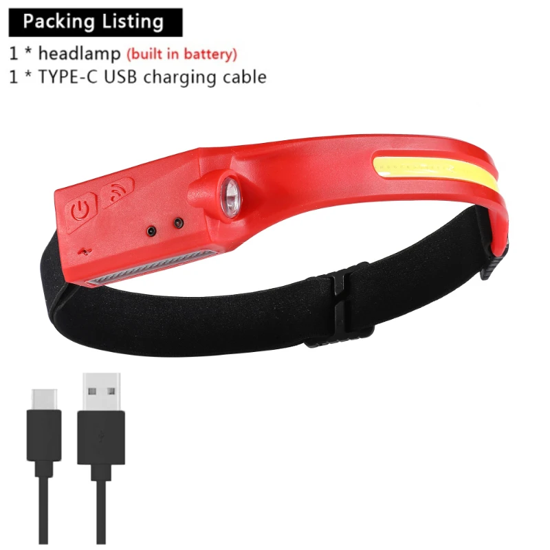 Lanterna de Cabeça LED COB com Indução, Recarregável via USB, com Bateria Integrada, Lâmpada de Emergência para Camping ao Ar Livre com 5 Modos de Iluminação