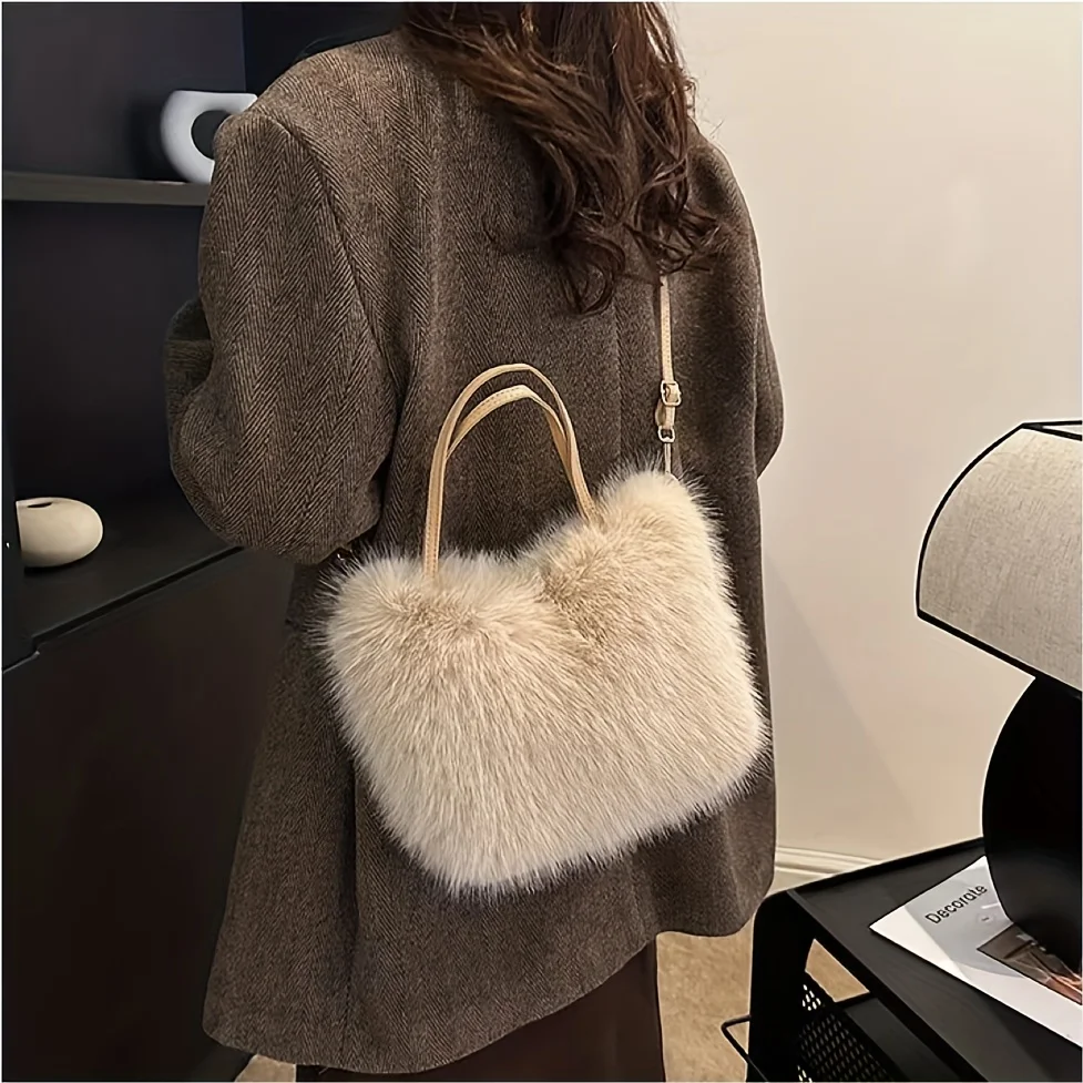 Ladies' Faux Synthetic Leather Plush Handbag Purses Luxurious Fluffy Tote and Crossbody Bag for Women Teenager Daily Use Parties