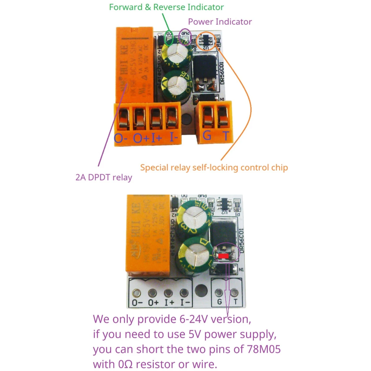 

DC 6V-24V 2A Self-locking (bistable) Reverse Polarity DPDT Relay Controlle Pluggable Terminal DR56C01