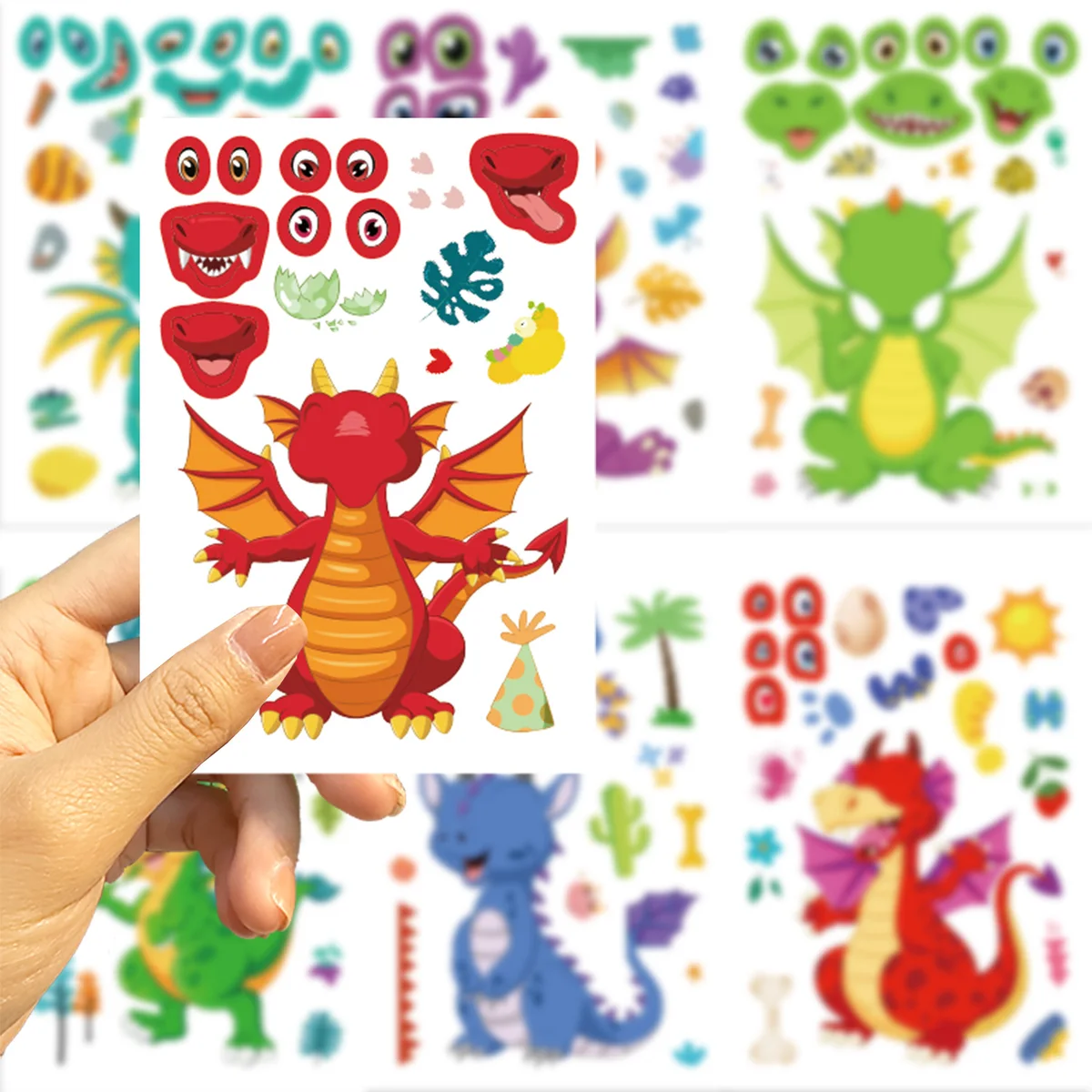 8/16/24Pcs Dragon DIY Cute Cartoon Puzzle Sticker Creative Animals Make A Face Assembly Stickers Children's Toys — view 5