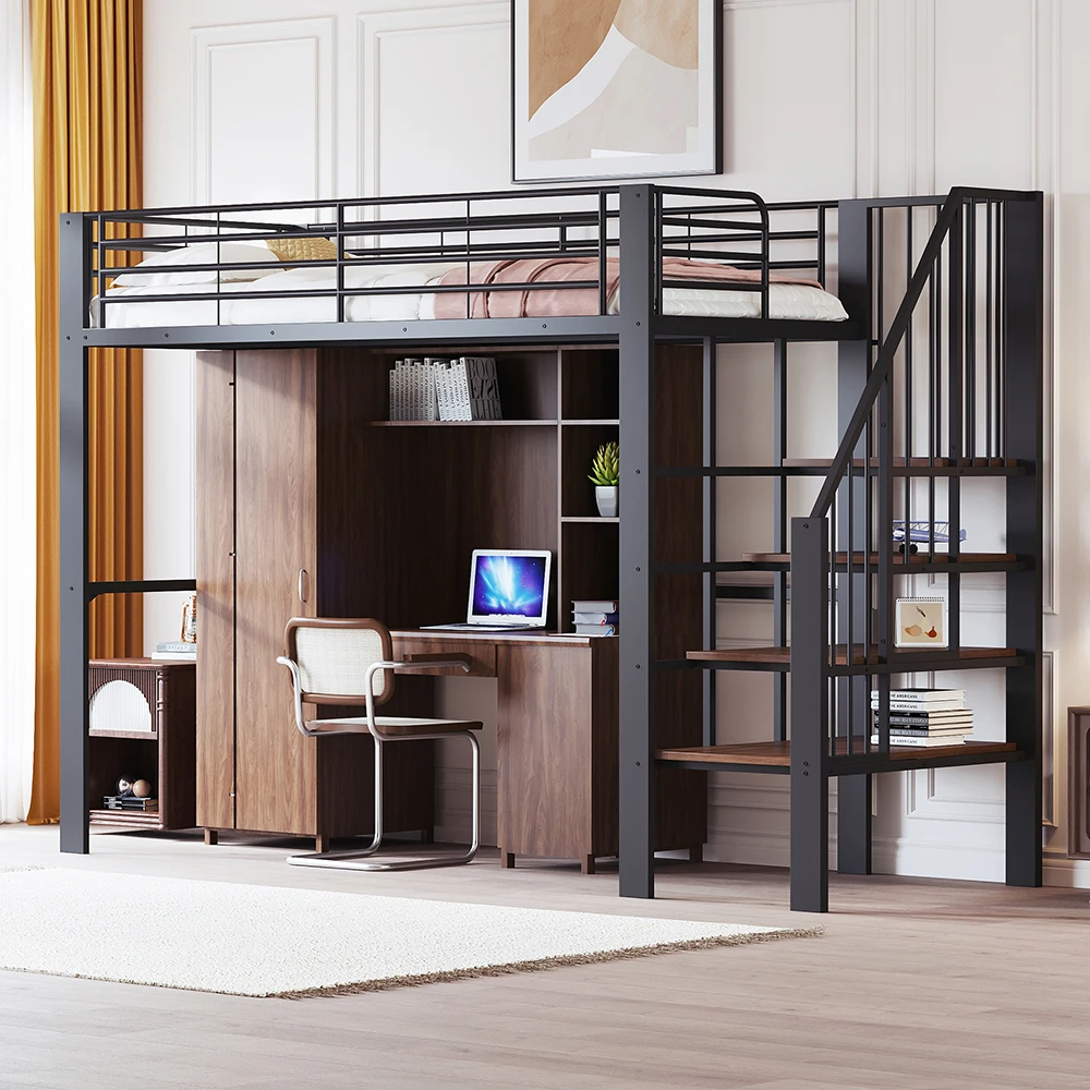 KOMHTOM Hochbett 90 x 200 cm mit stabiler Metallkonstruktion, geräumigem Stauraum unter dem Bett und Treppe – Detail 1