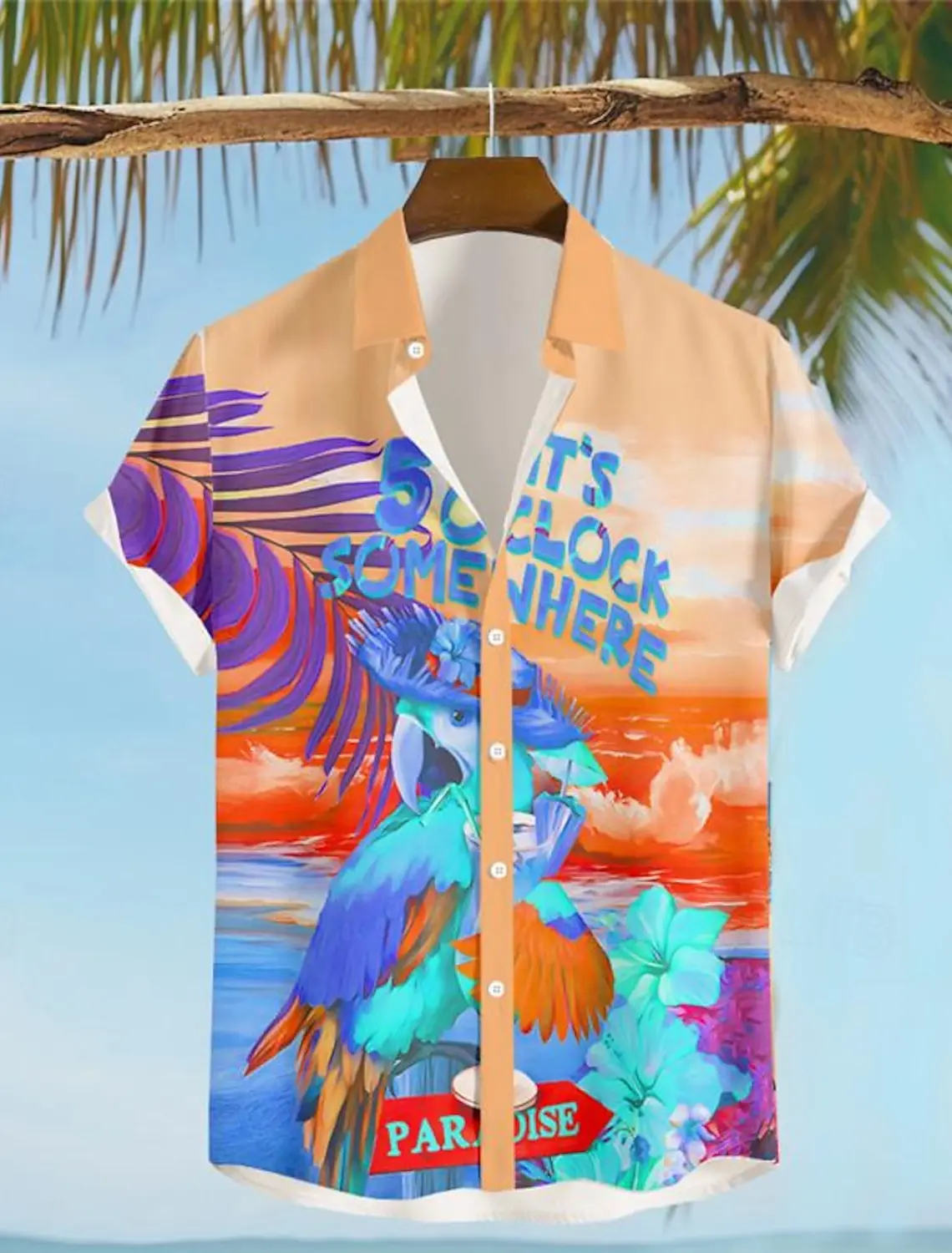 thumbnail image 1 of Son las 5 en punto en algún lugar Camisa hawaiana con estampado 3D de loro para hombre, camisa de playa de verano con botones y manga corta, ropa de vacaciones, 1 of 5