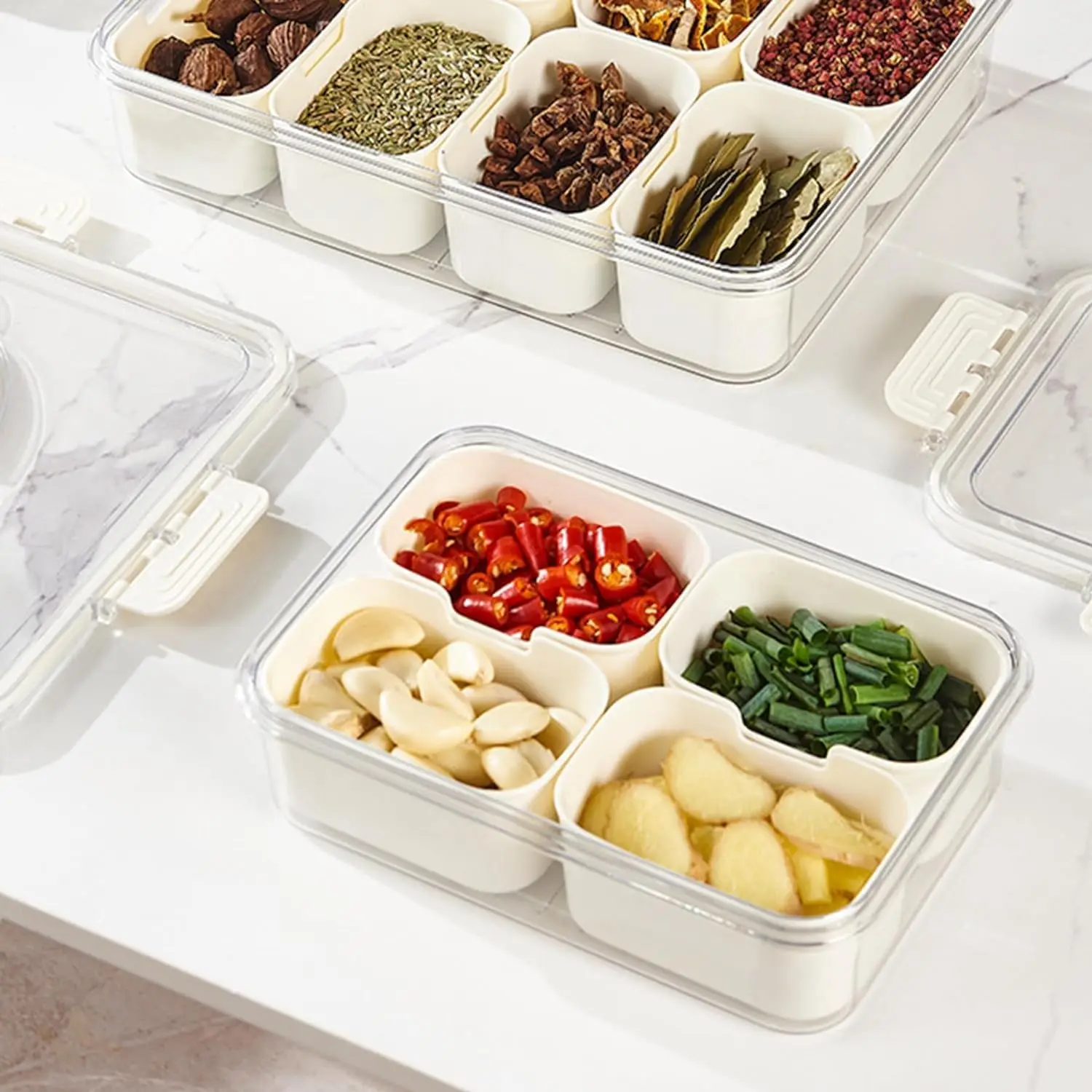 Food Storage Container With 4 Grids, Plastic Food Containers with Removable Drain Plate and Lid, Stackable Portable Freezer 6