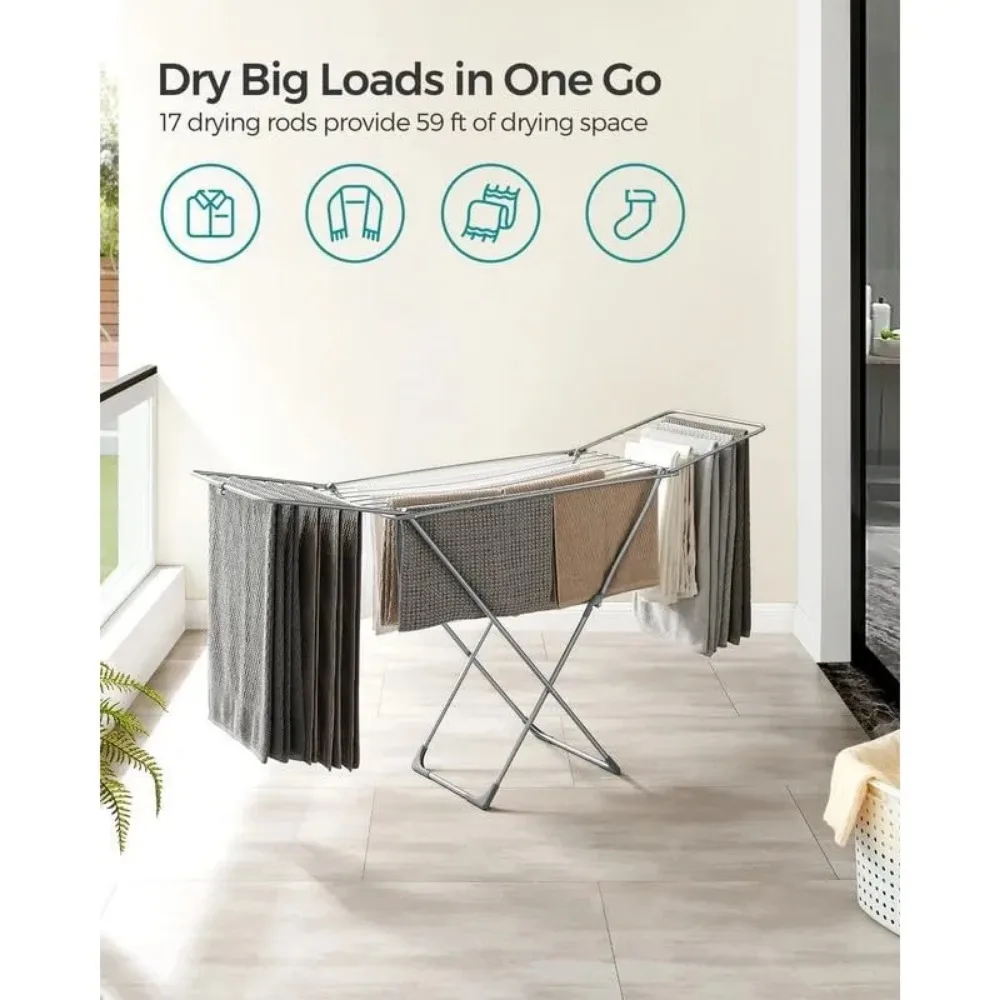 Clothes Drying Rack, Metal Laundry Drying Rack, Foldable, Space-Saving, Free-Standing Airer, with Gullwings, Indoor Outdoor Use 3