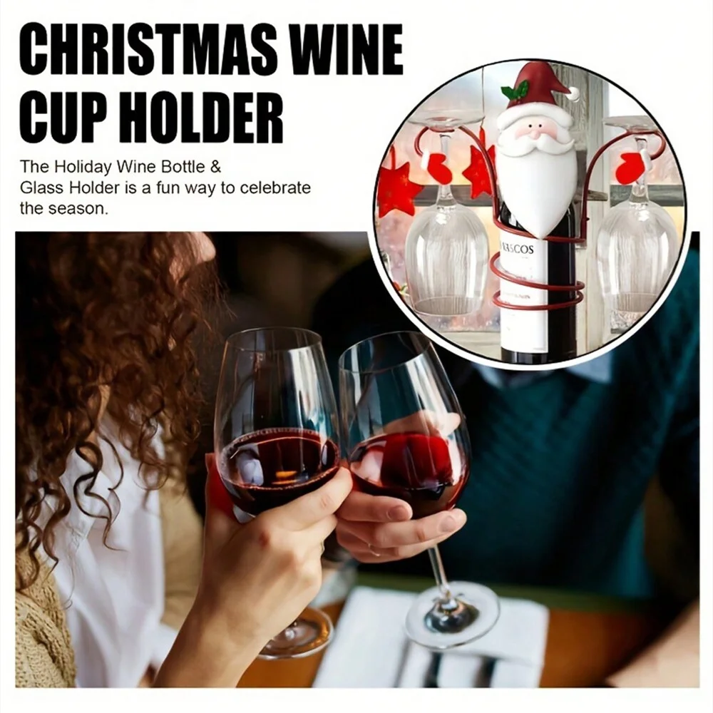 Christmas Wine Bottle Holder with Glass Rack 2 in 1 Festive Party Decor Gift Santa Standing Holder for Bottle & Glasses