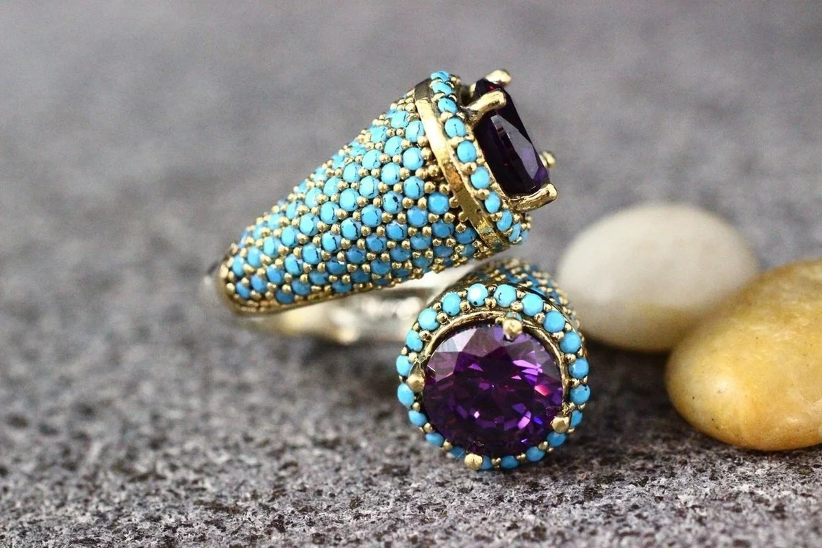 Luksusowy naturalny klejnot ametyst i pierścionek z turkusem biżuteria damska z okazji rocznicy