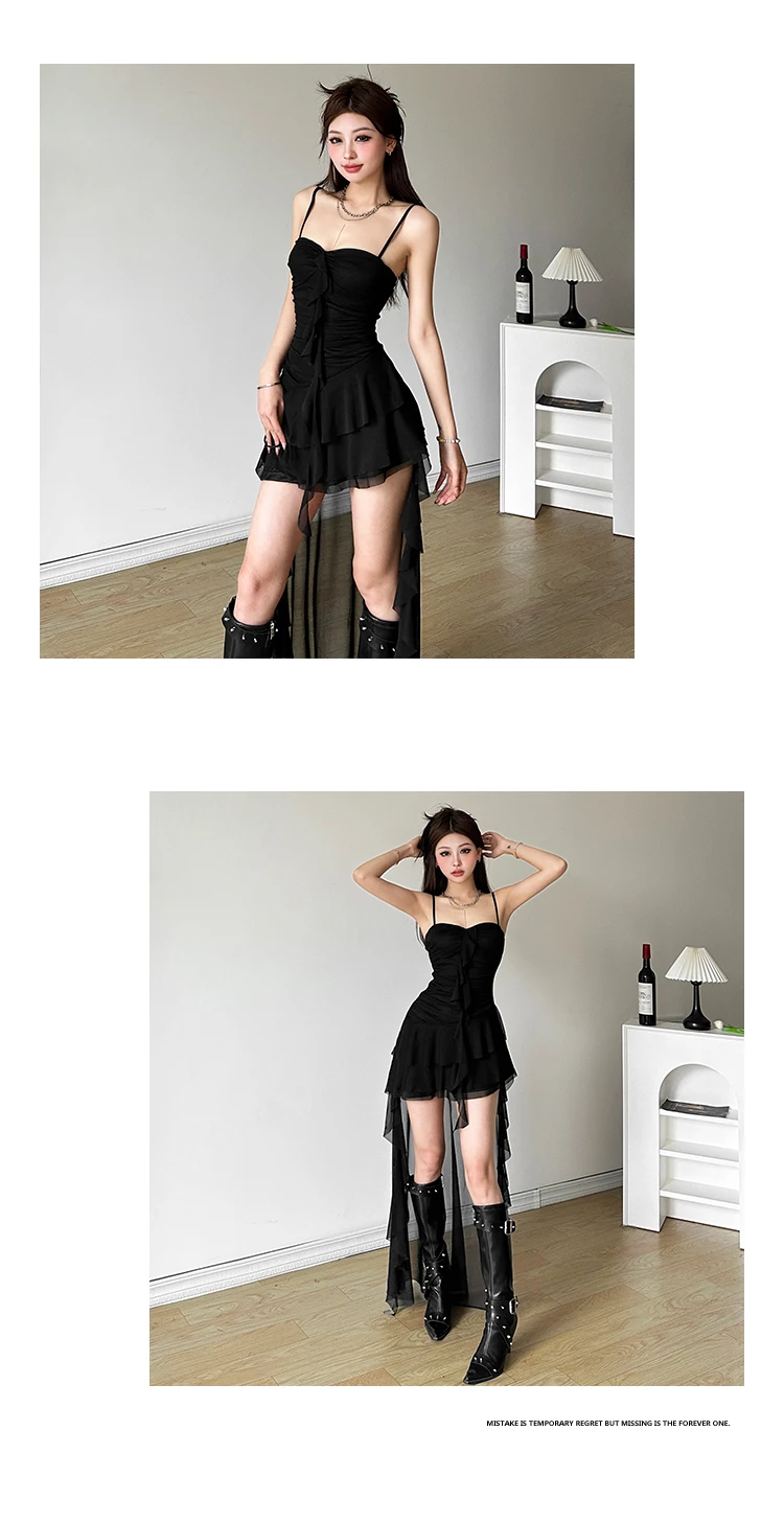 Y2K Irregular Ruffles Spaghetti Strap Summer New Midi Dresses for Women Birthday Party Dress Club Prom Robe Sexy Vestidos Mujer