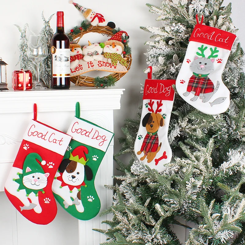 Cute Dogs and Cats Cartoon Christmas Stockings Pendant Christmas Tree Gift Bag Decorative Socks christmas decorations
