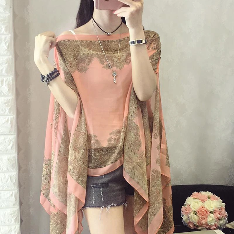 Women Summer Sunscreen Chiffon Shawl Scarf Fashion Luxury Floral Printed Bikini Cover Up Outdoor Beach UV Protection Tops