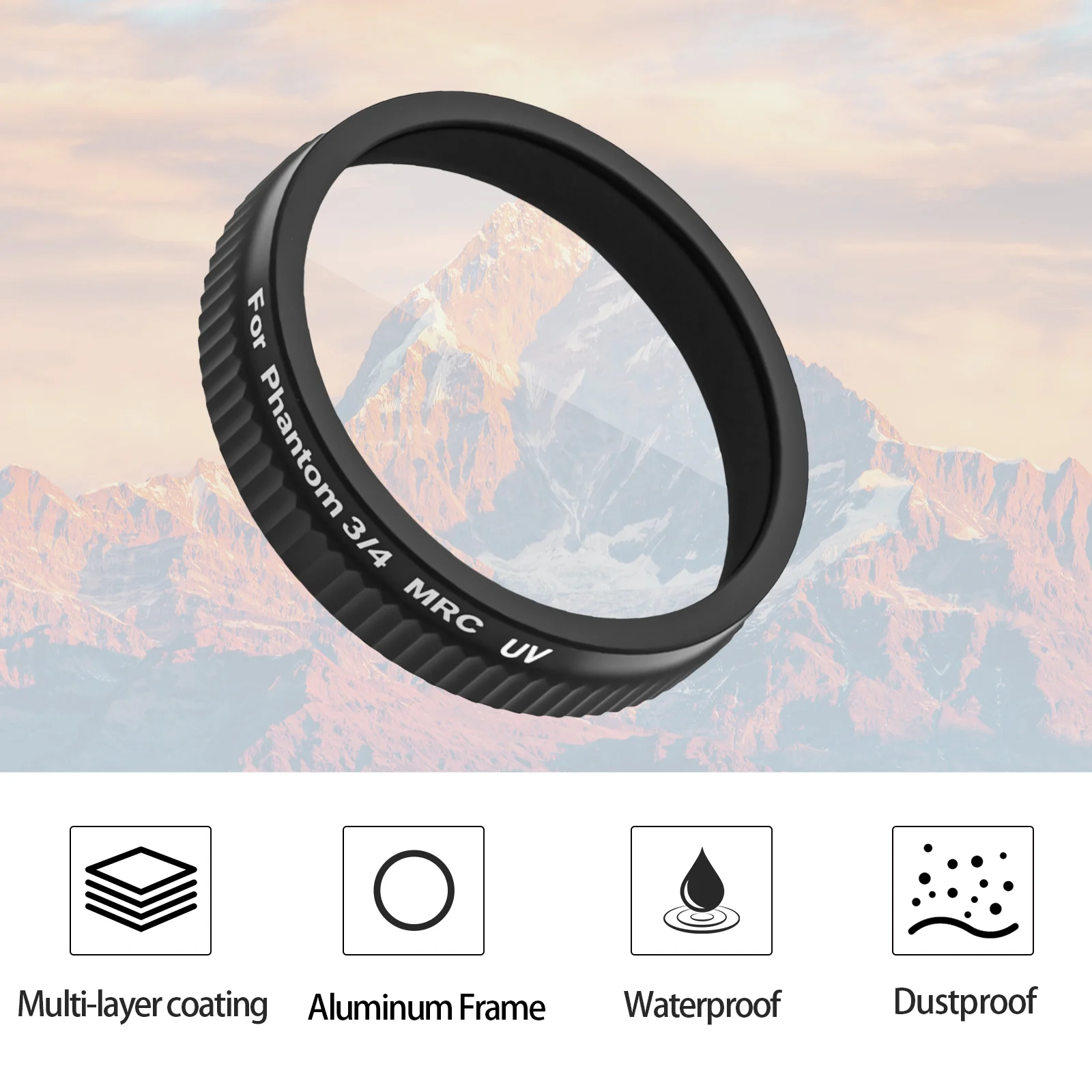 Filtres UV et CPL pour Mavic 3 et Air 2S, disposés en éventail sur fond noir.