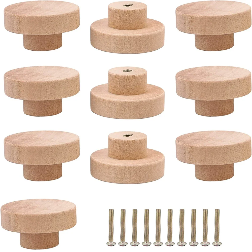 10 Round Wooden Cabinet Knobs Unfinished Wood cupboard Furniture Drawer Pulls Handles with Screws for Wardrobe Dresser Closet
