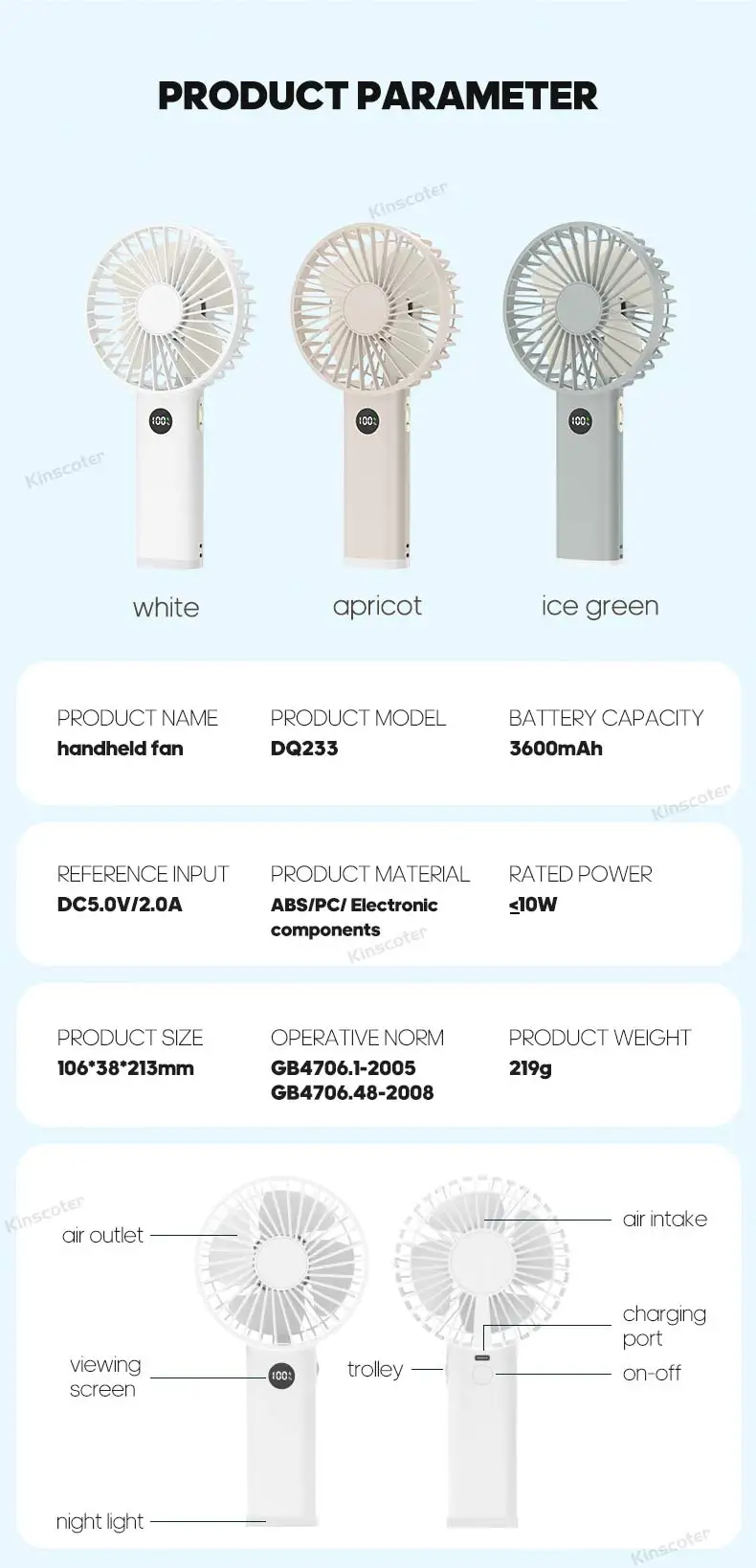 Mão USB 3600mAh Recarregável Mini Ventilador com