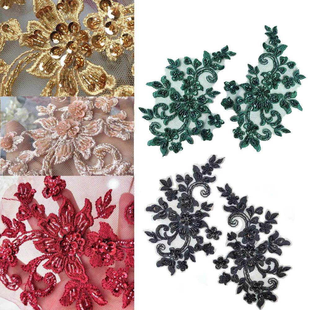 1 Pair Beaded Applique Flower Patch Sewing Wedding Dress Accessories Fabric Sequin Patches For