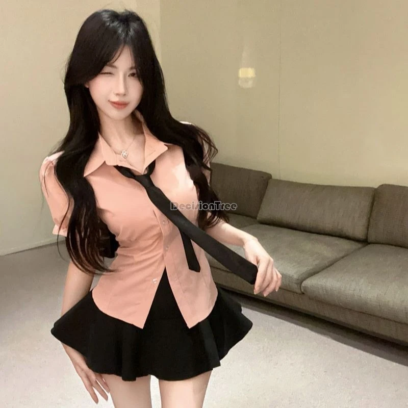 2026 여학생 교복 JK 유니폼 여성용 검정색 짧은 치마 JK 유니폼 세트 여성용 반팔 셔츠 넥타이 치마 3종 세트