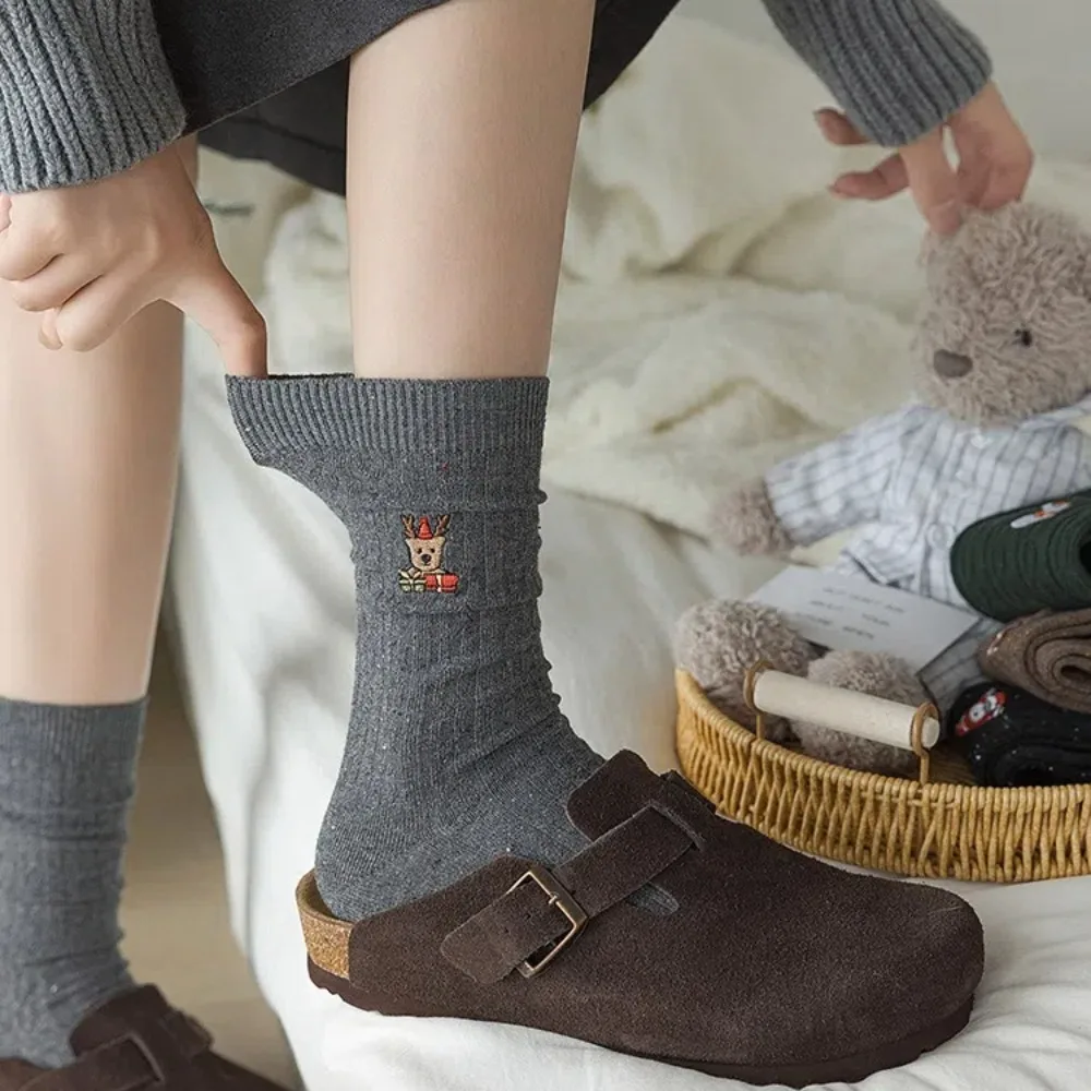 Cotton Christmas Socks for Women with Snowman Embroidery